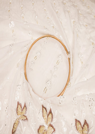 White Dyeable Georgette Fabric With All Over Thread, Bead And Sequins Work With One Side Border 19178
