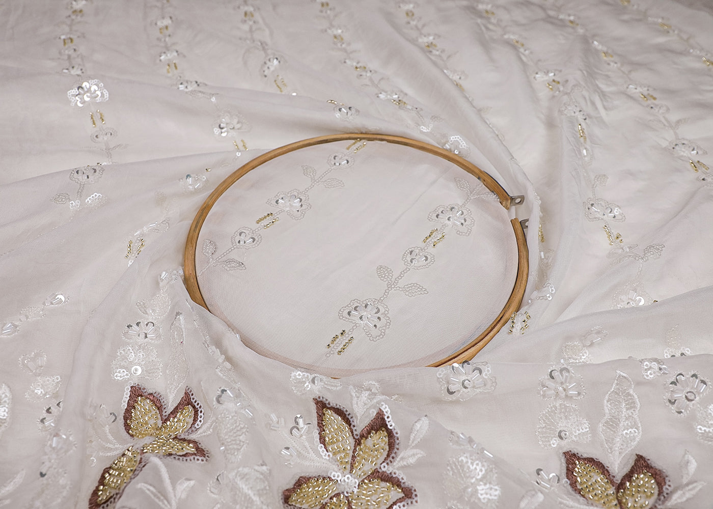 White Georgette Fabric With All Over Thread, Bead And Sequins Work With One Side Border 19178