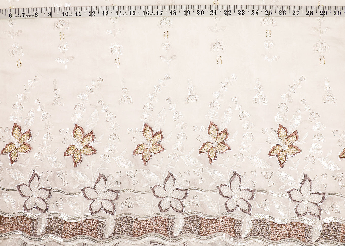 White Georgette Fabric With All Over Thread, Bead And Sequins Work With One Side Border 19178