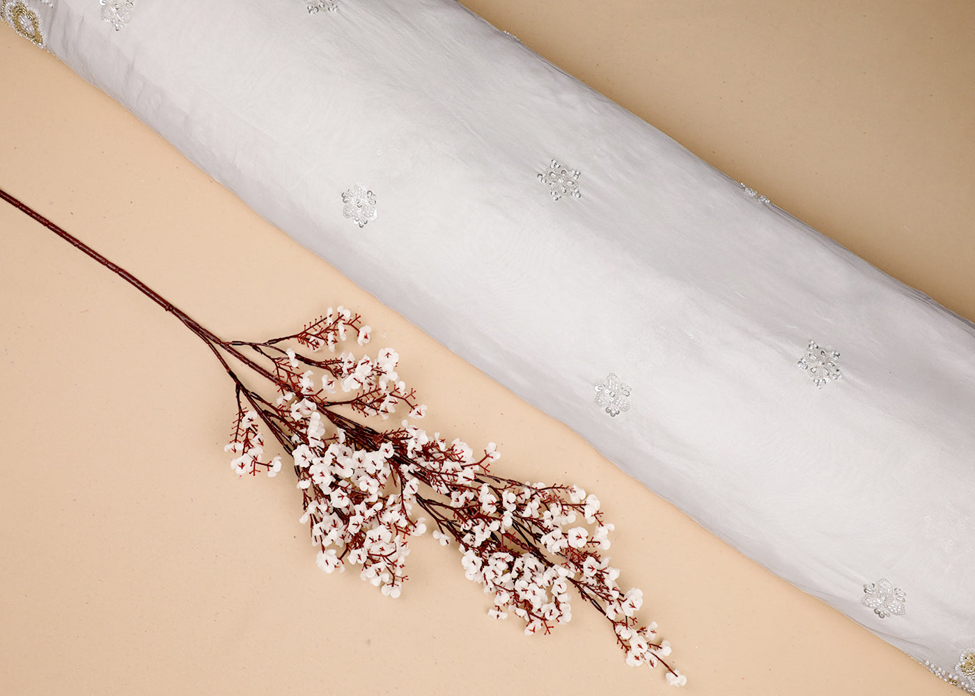 White Organza Fabric With All Over Bead And Sequins Work With Two Side Border 19179