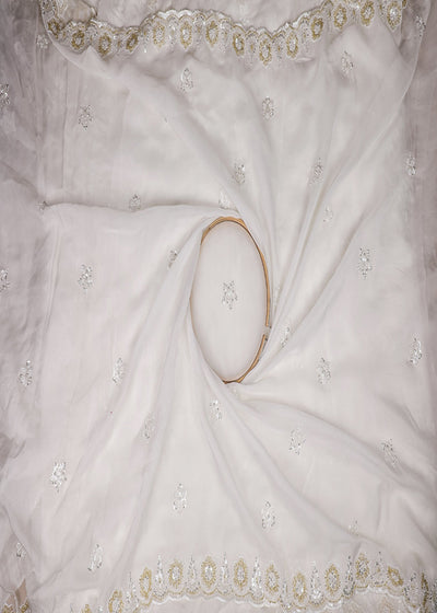 White Dyeable Organza Dupatta Fabric With All Over Bead And Sequins Work With Two Side Border 19179