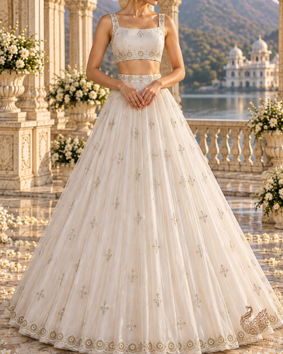 White Dyeable Organza Dupatta Fabric With All Over Bead And Sequins Work With Two Side Border 19179