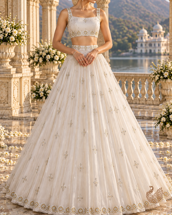 White Dyeable Organza Dupatta Fabric With All Over Bead And Sequins Work With Two Side Border 19179