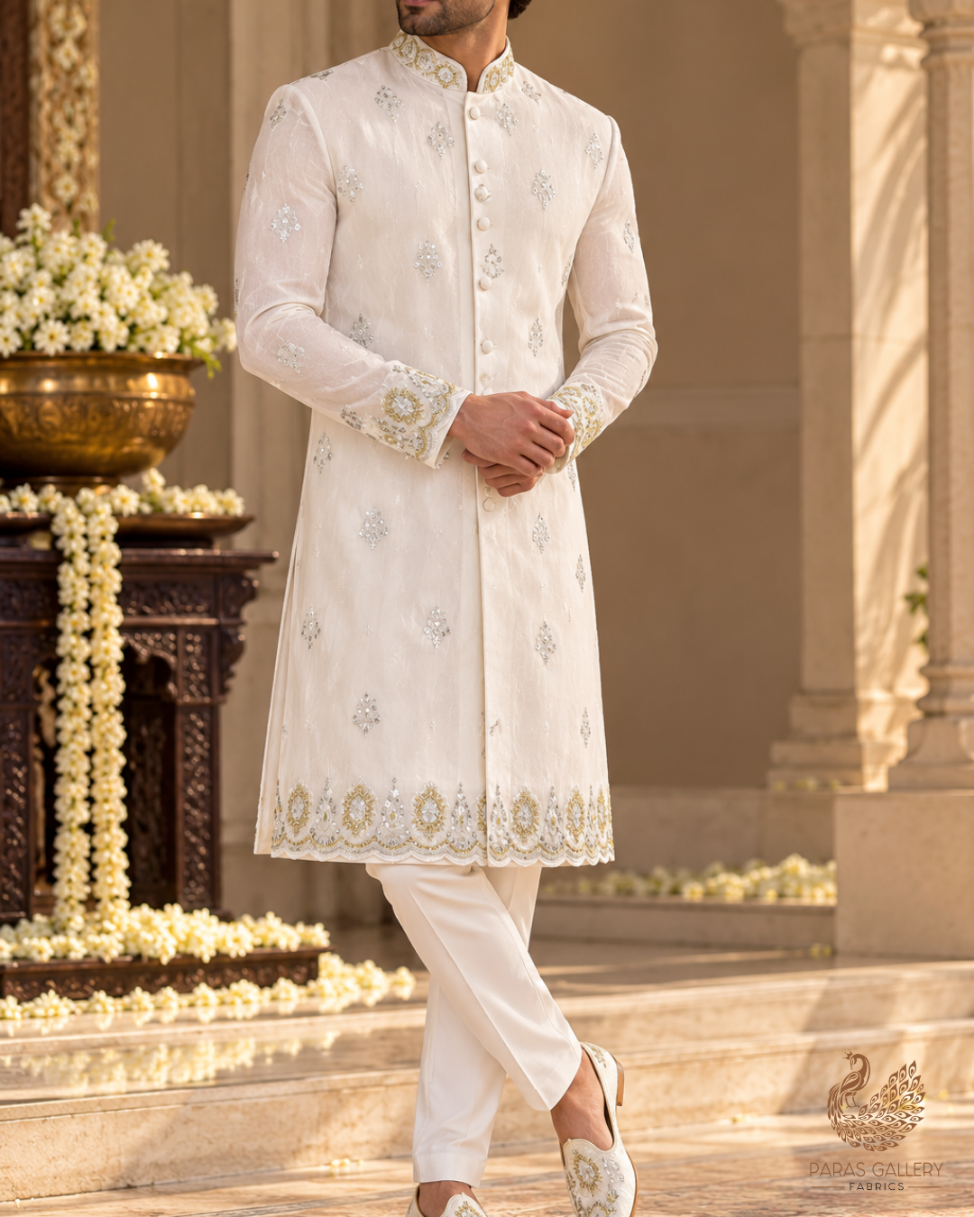 White Dyeable Organza Dupatta Fabric With All Over Bead And Sequins Work With Two Side Border 19179