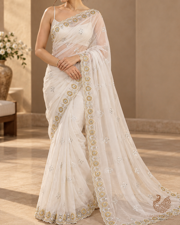 White Dyeable Organza Dupatta Fabric With All Over Bead And Sequins Work With Two Side Border 19179