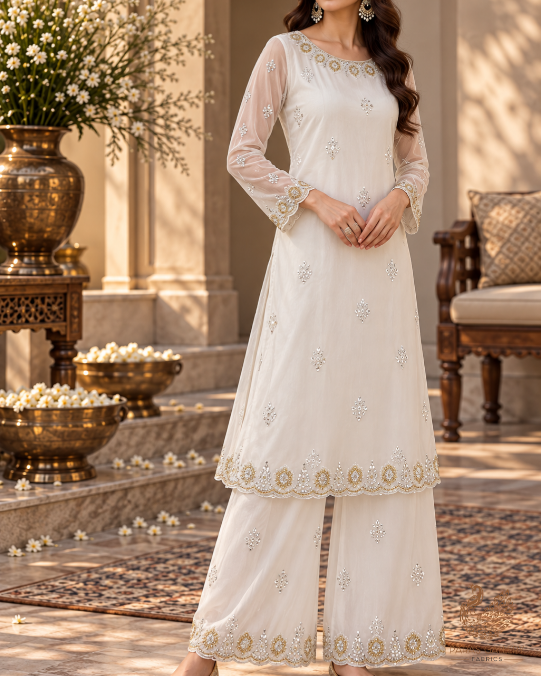 White Dyeable Organza Dupatta Fabric With All Over Bead And Sequins Work With Two Side Border 19179