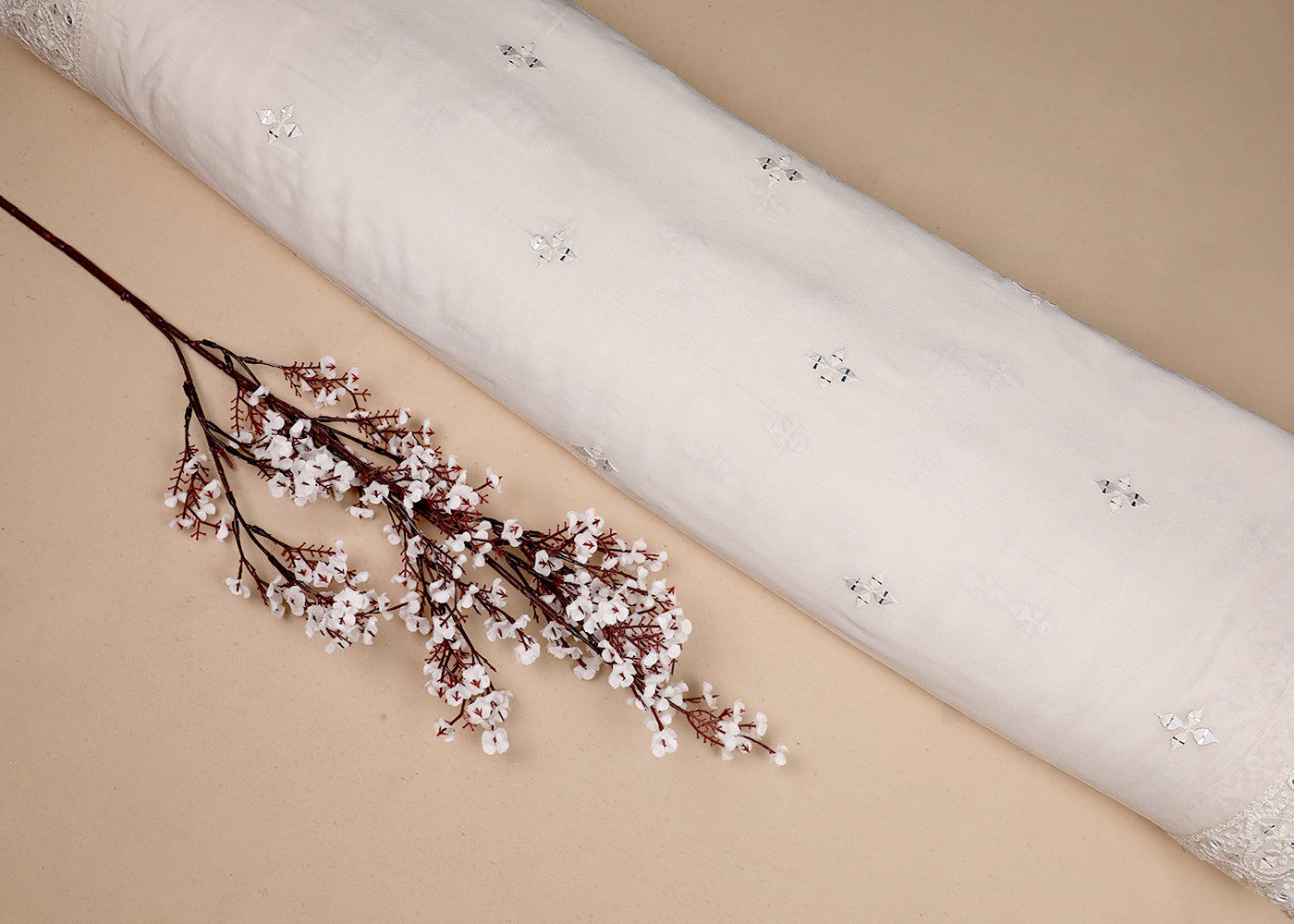 White Georgette Fabric With All Over Thread And Sequins Work With Two Side Border 19180