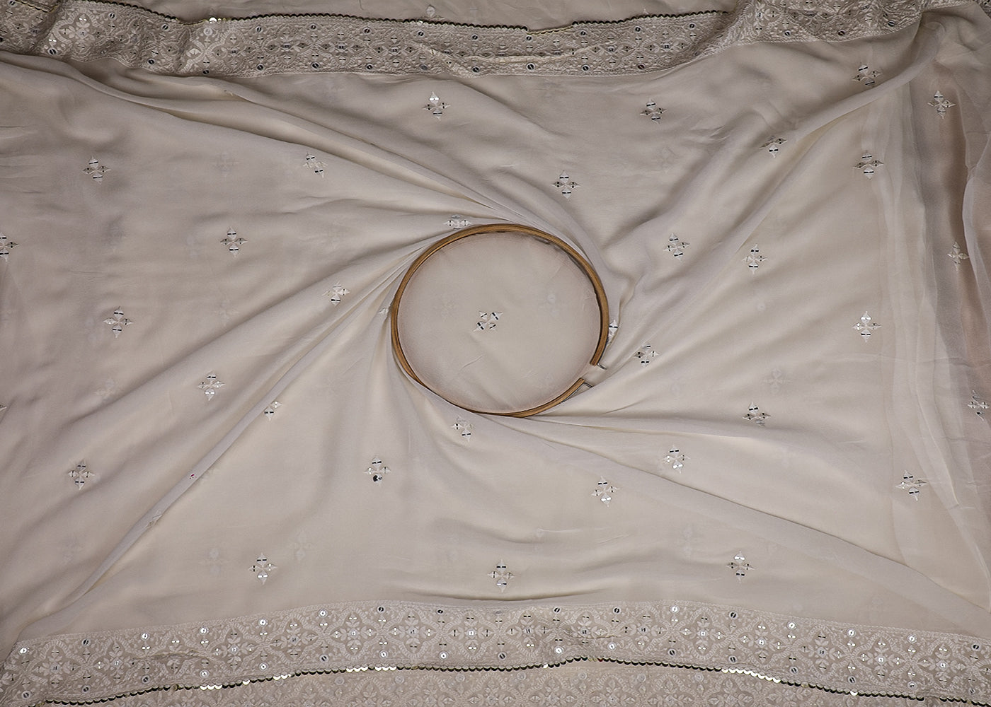 White Georgette Fabric With All Over Thread And Sequins Work With Two Side Border 19180