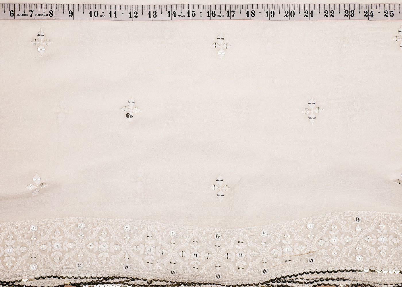 White Georgette Dupatta Fabric With All Over Thread And Sequins Work With Two Side Border 19180