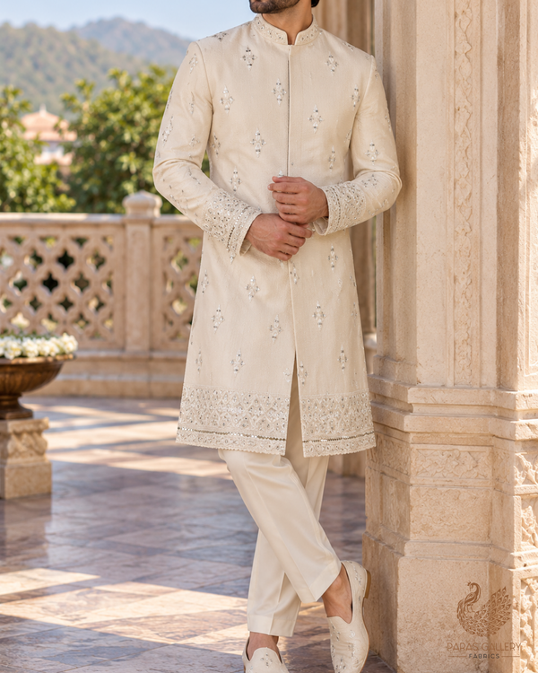White Dyeable Georgette Dupatta Fabric With All Over Thread And Sequins Work With Two Side Border 19180