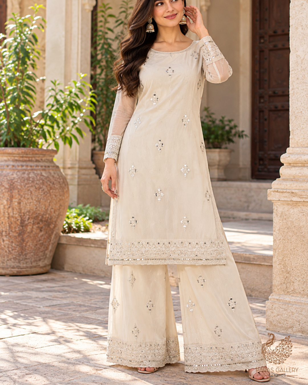 White Dyeable Georgette Dupatta Fabric With All Over Thread And Sequins Work With Two Side Border 19180