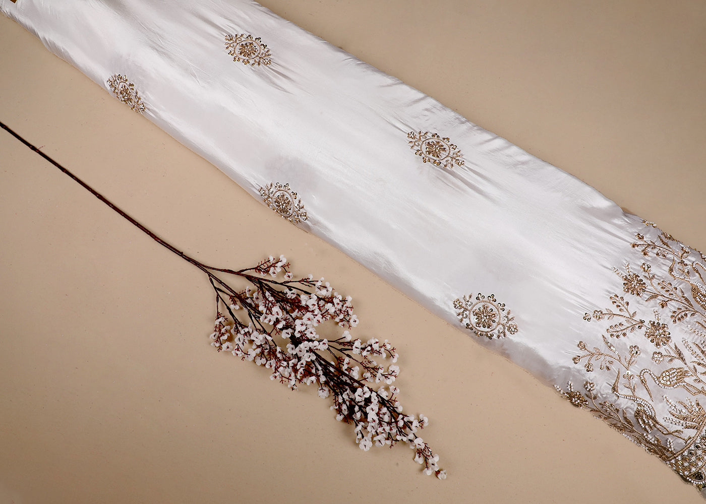 White Crepe Fabric With All Over Zari, Bead, Katdana And Sequins Work With One Side Bird Motif Border 19182