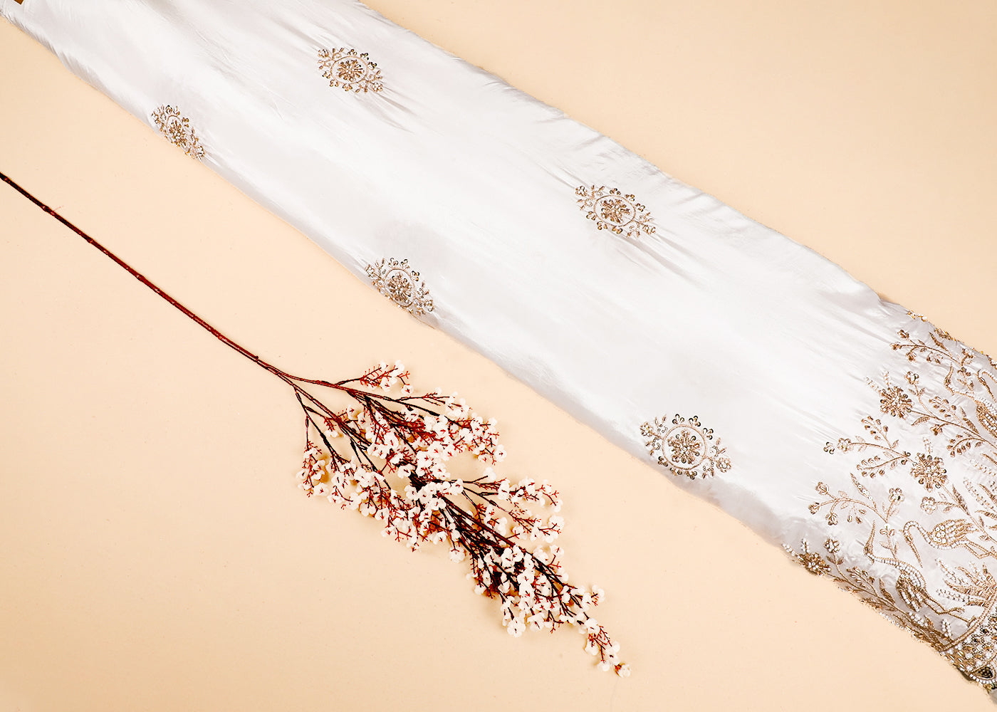 White Crepe Fabric With All Over Zari, Bead, Katdana And Sequins Work With One Side Bird Motif Border 19182