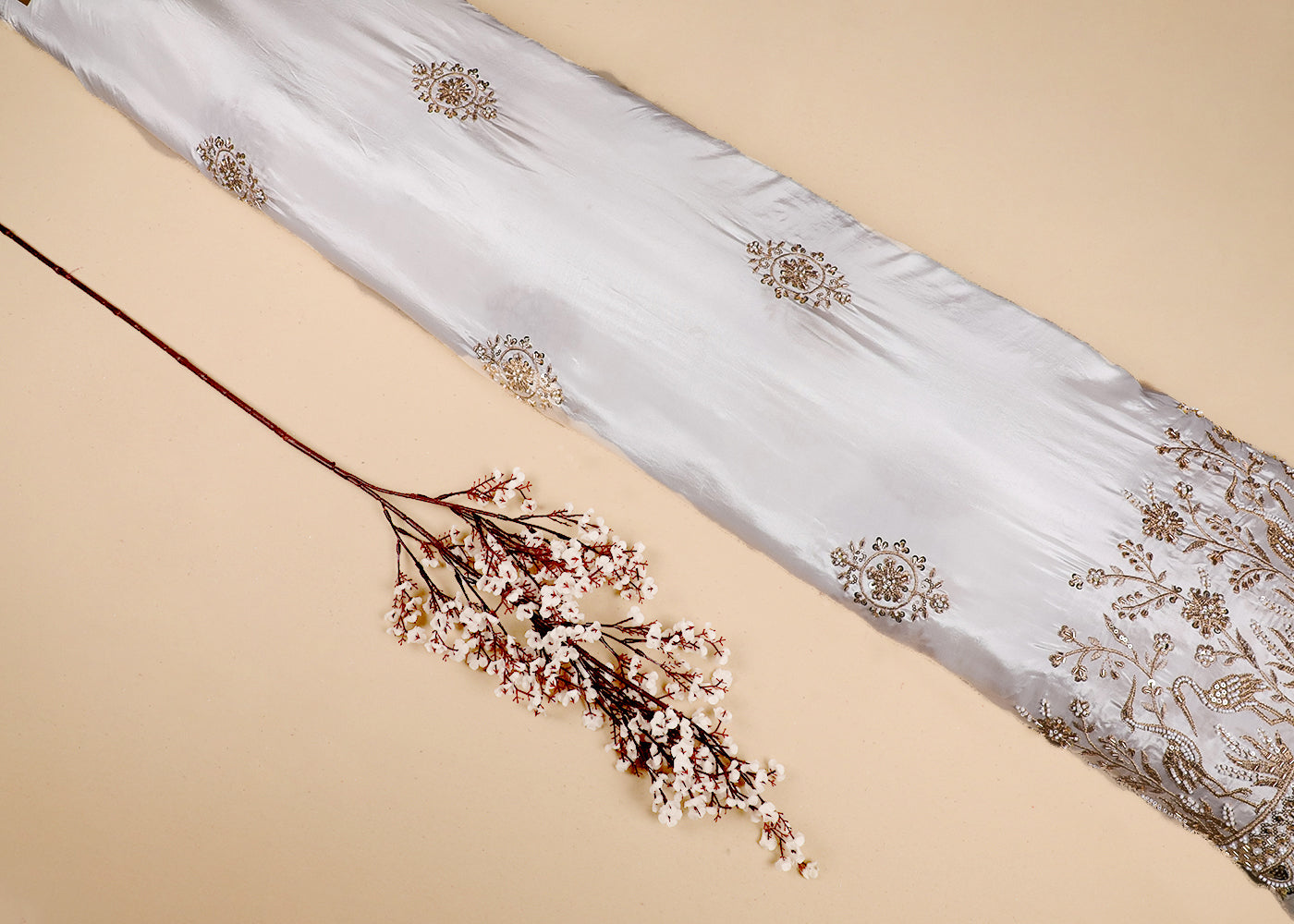 White Crepe Fabric With All Over Zari, Bead, Katdana And Sequins Work With One Side Bird Motif Border 19182