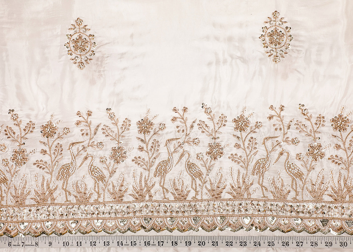 White Crepe Fabric With All Over Zari, Bead, Katdana And Sequins Work With One Side Bird Motif Border 19182