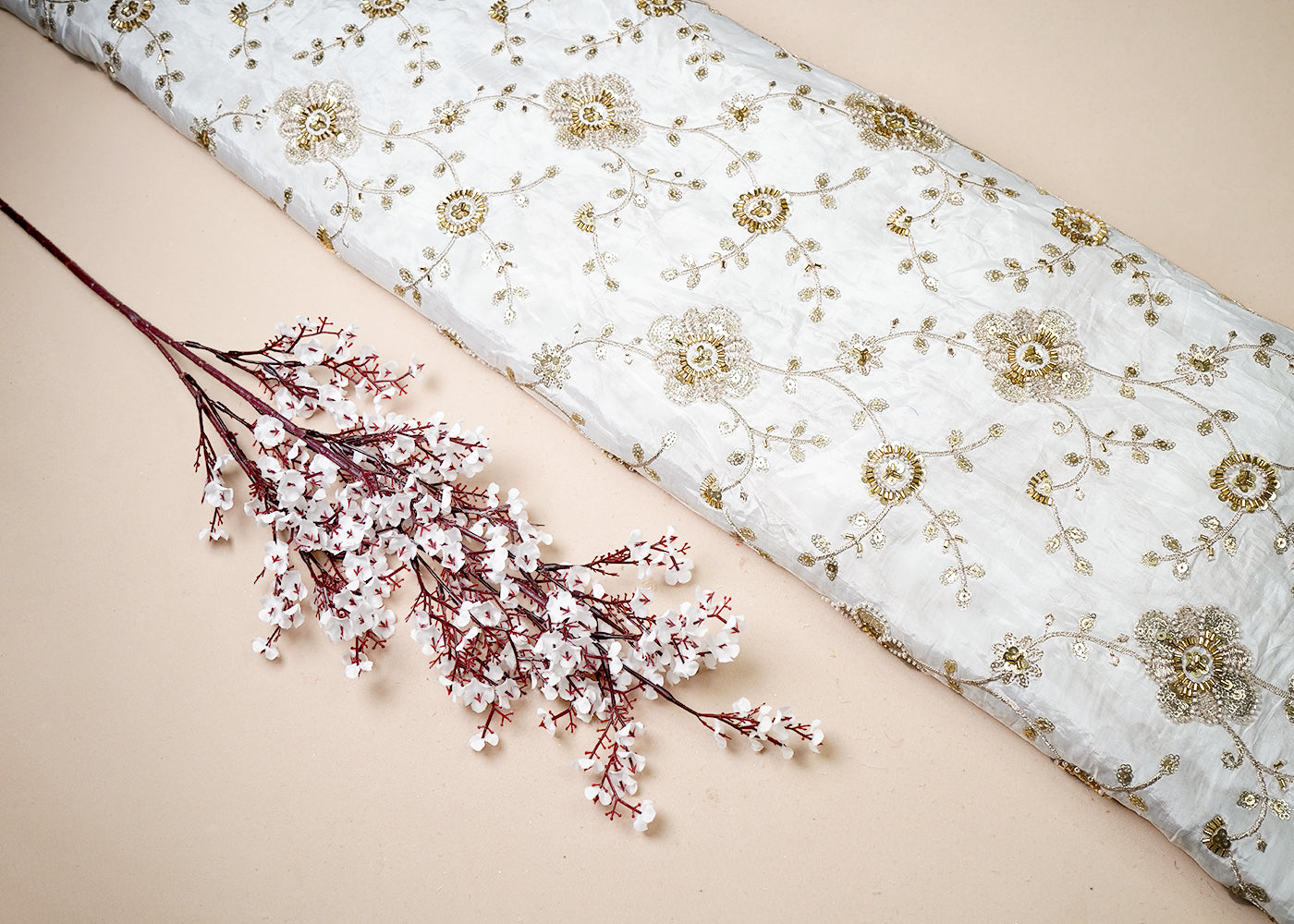 White Crepe Fabric With All Over Katdana, Bead, Sequins And Zari Work 19184