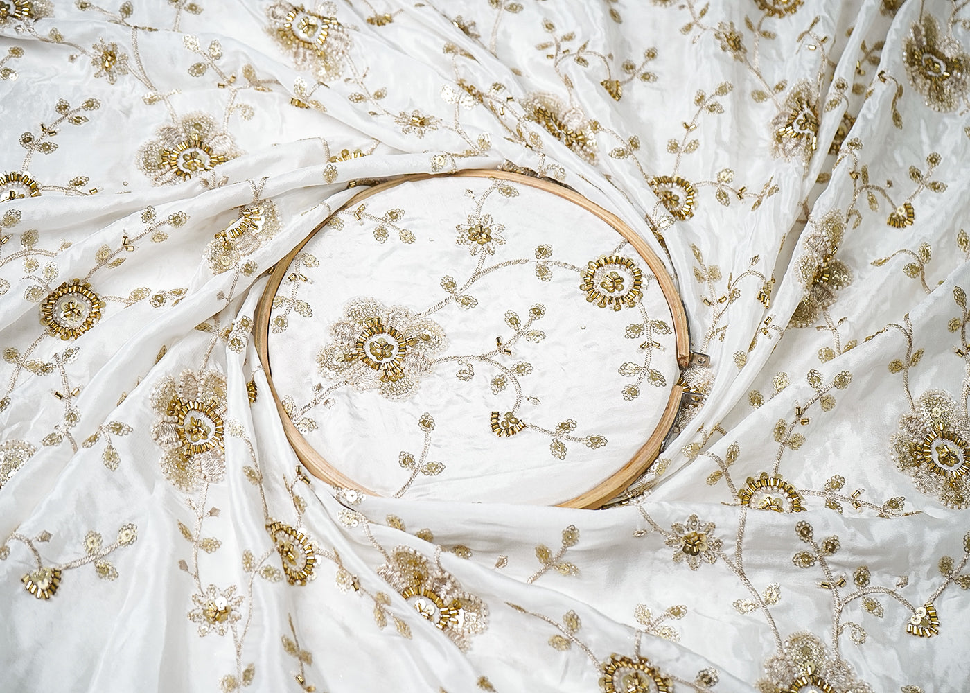 White Crepe Fabric With All Over Katdana, Bead, Sequins And Zari Work 19184