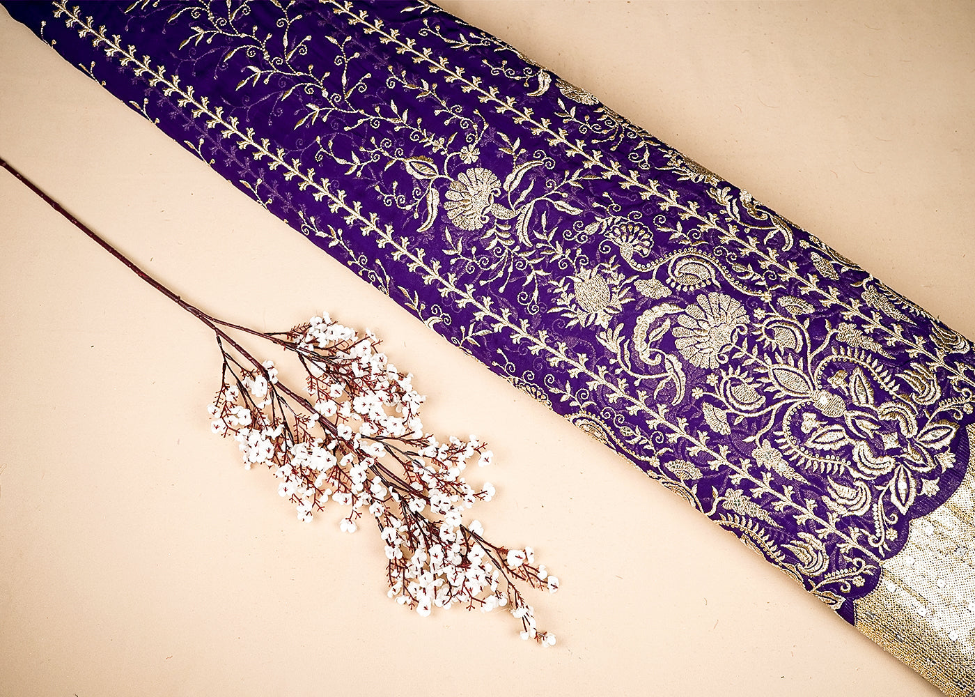 Purple Georgette Fabric With All Over Zari And Sequins Work With One Side Border 19185