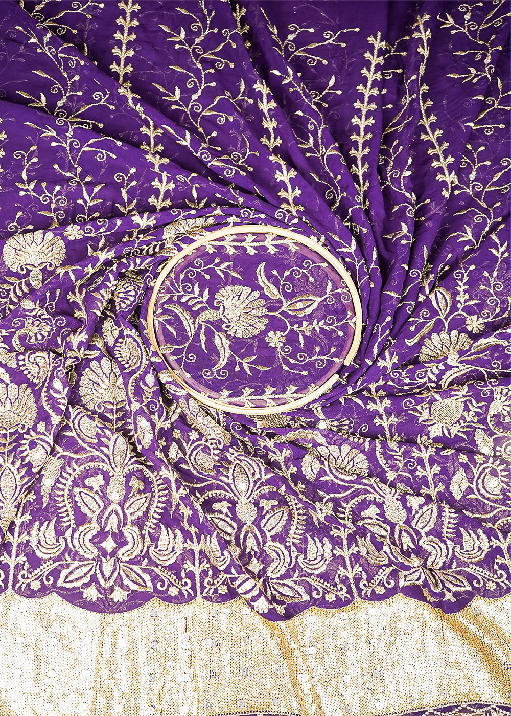 Purple Georgette Fabric With All Over Zari And Sequins Work With One Side Border 19185
