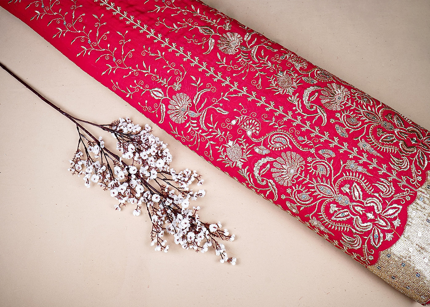 Rani Pink Georgette Fabric With All Over Zari And Sequins Work With One Side Border 19186