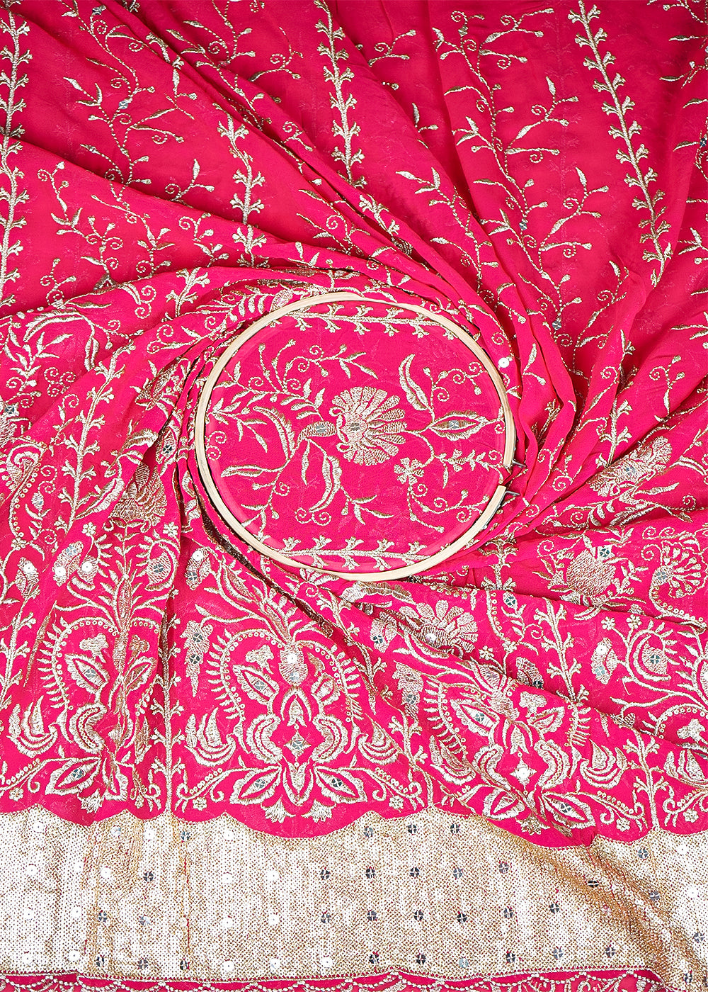 Rani Pink Georgette Fabric With All Over Zari And Sequins Work With One Side Border 19186