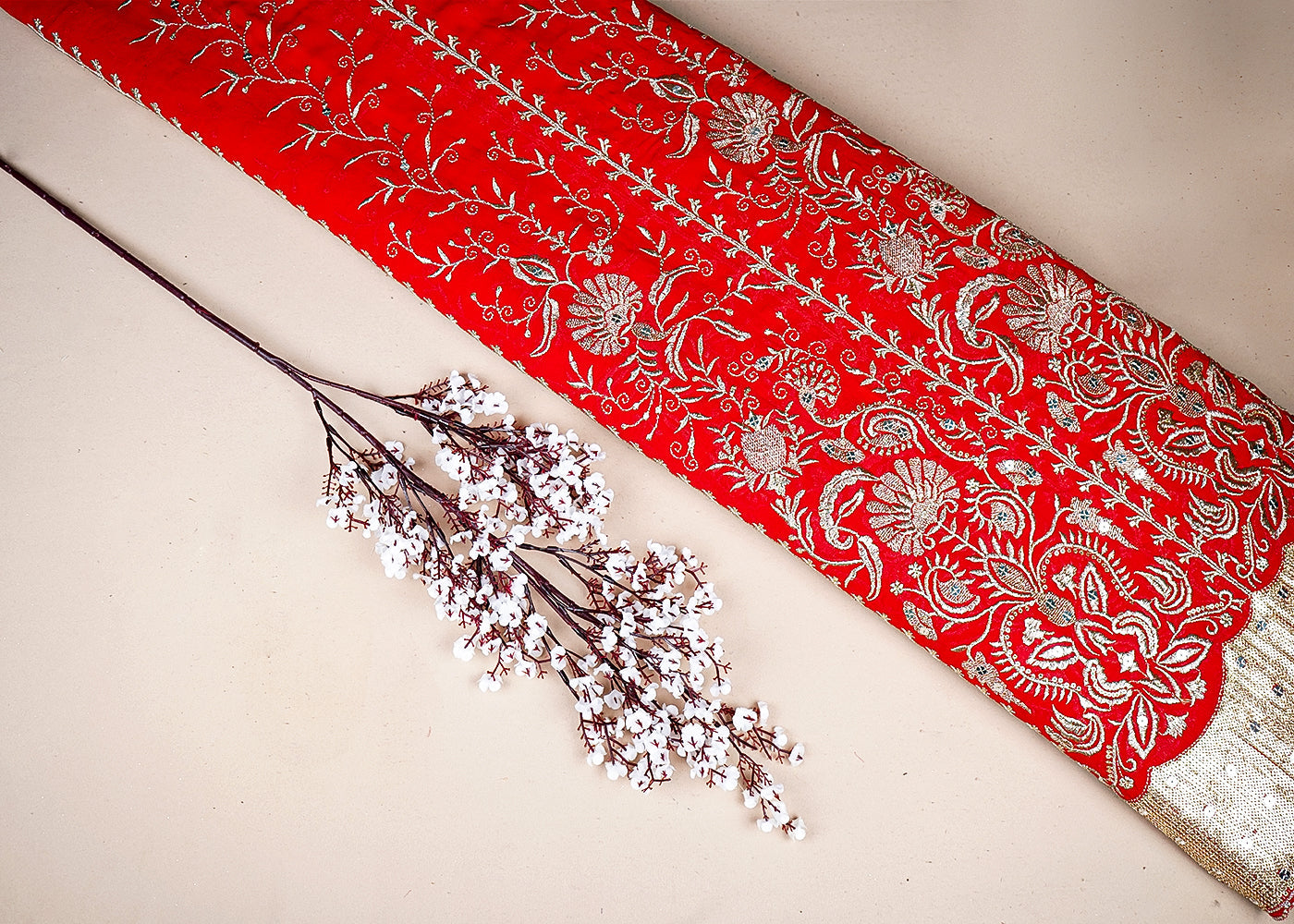 Red Georgette Fabric With All Over Zari And Sequins Work With One Side Border 19187