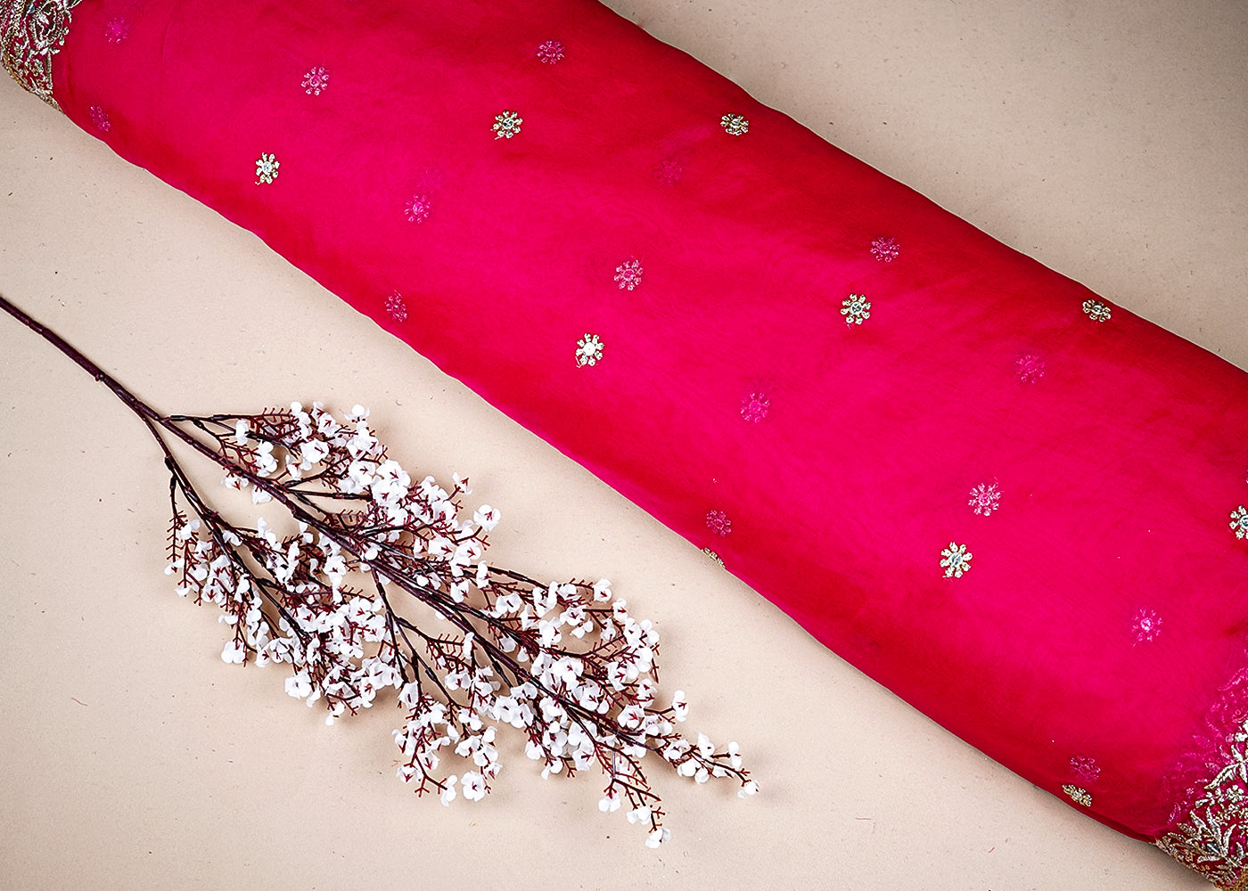 Rani Pink Organza Dupatta Fabric With All Over Buti Of Zari And Sequins Work With Two Side Border 19188