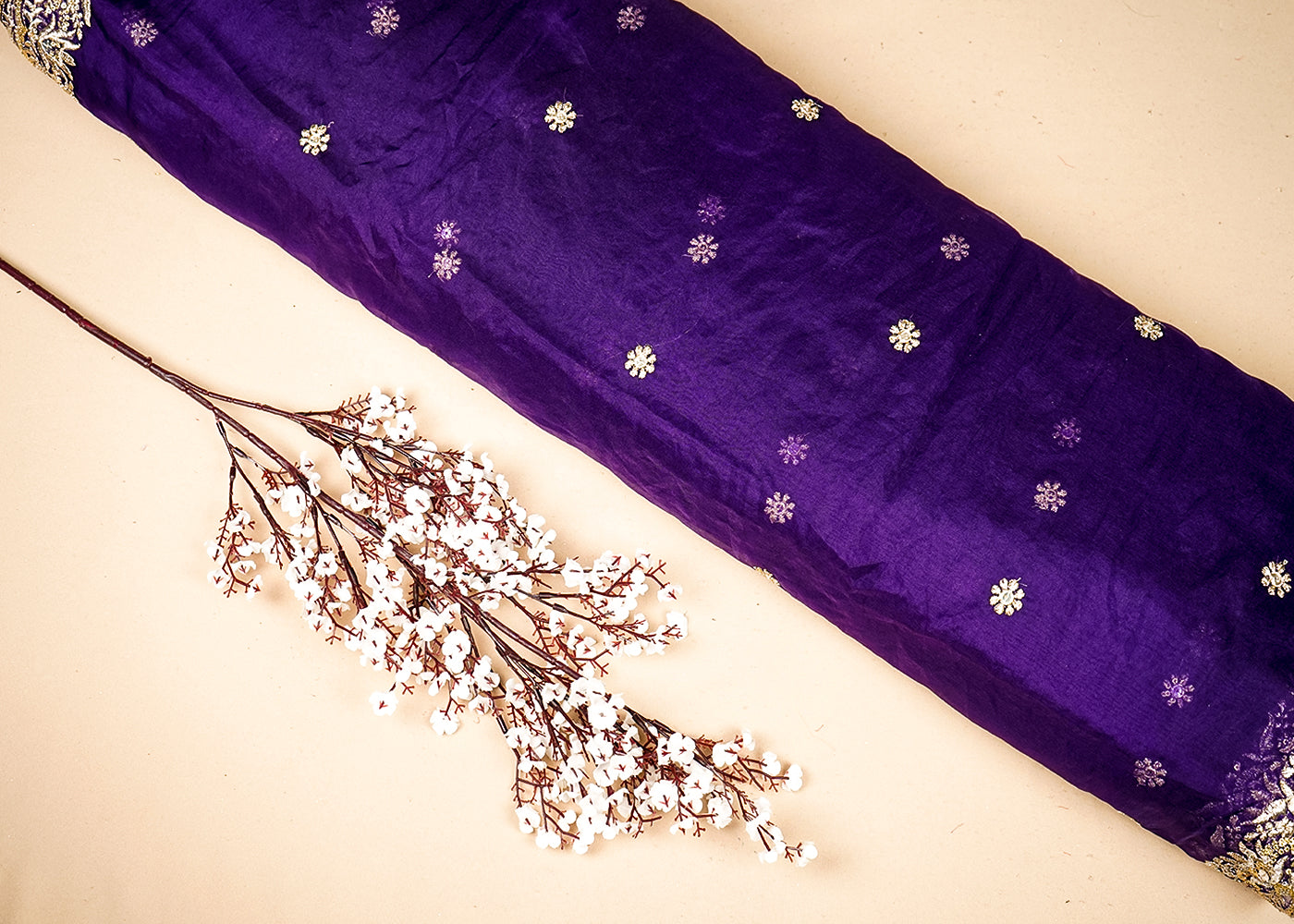 Purple Organza Dupatta Fabric With All Over Buti Of Zari And Sequins Work With Two Side Border 19189