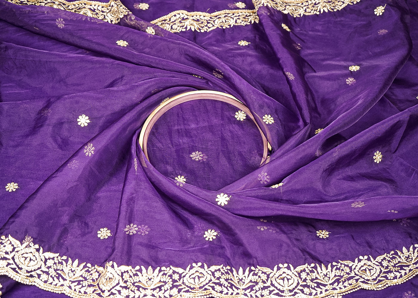 Purple Organza Dupatta Fabric With All Over Buti Of Zari And Sequins Work With Two Side Border 19189