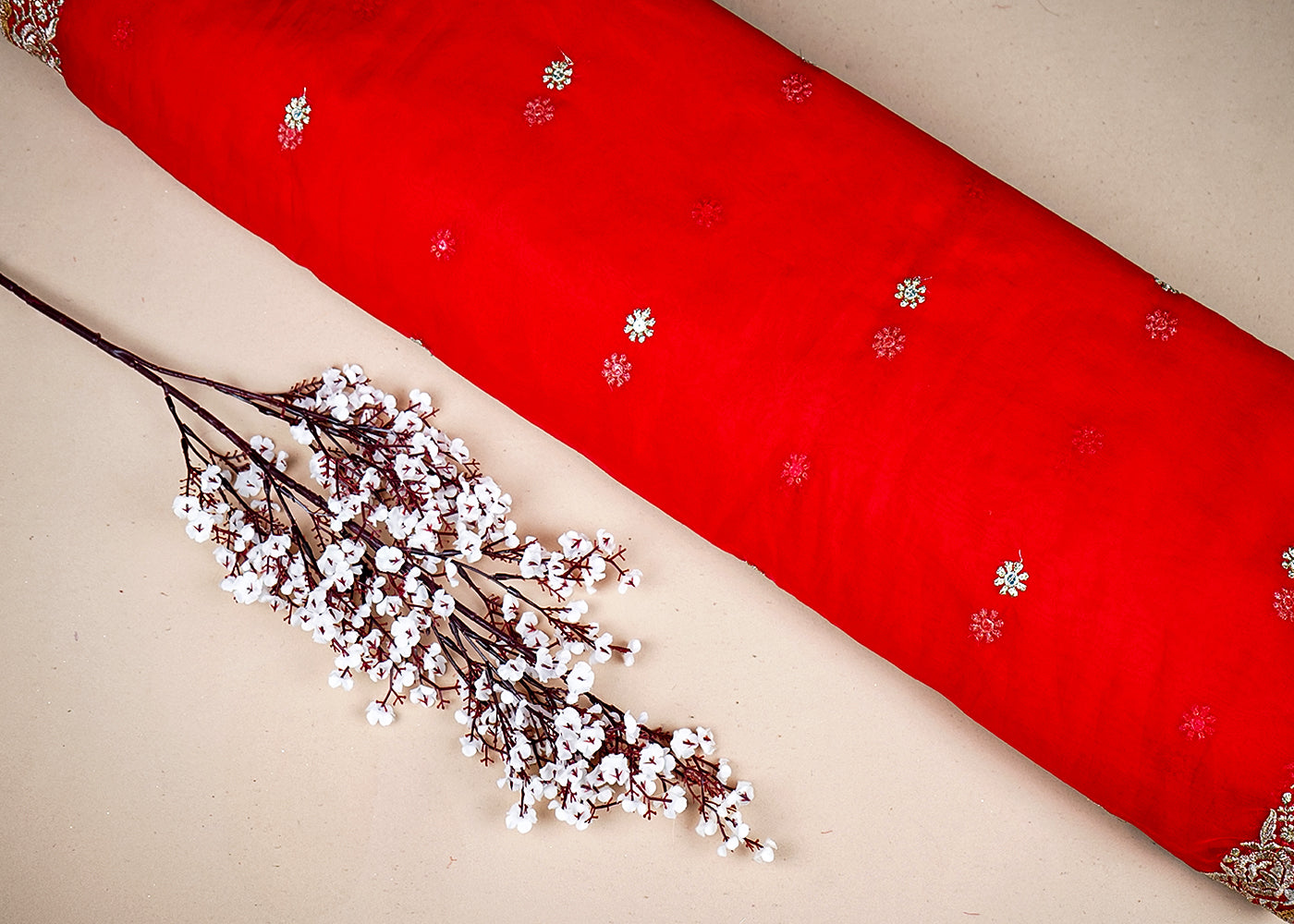 Red Organza Dupatta Fabric With All Over Buti Of Zari And Sequins Work With Two Side Border 19190