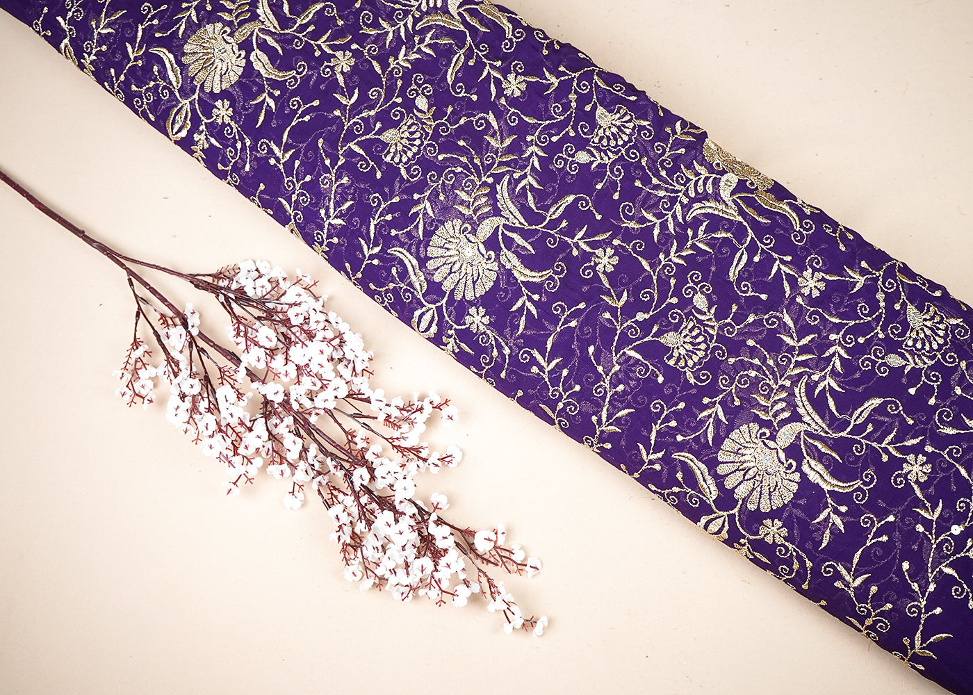 Purple Georgette Fabric With All Over Zari And Sequins Work 19192