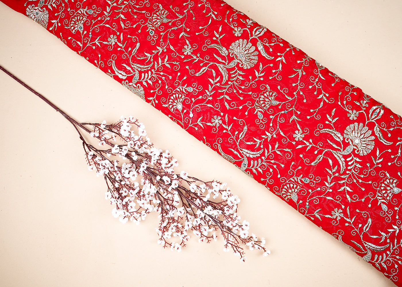 Red Georgette Fabric With All Over Zari And Sequins Work 19193
