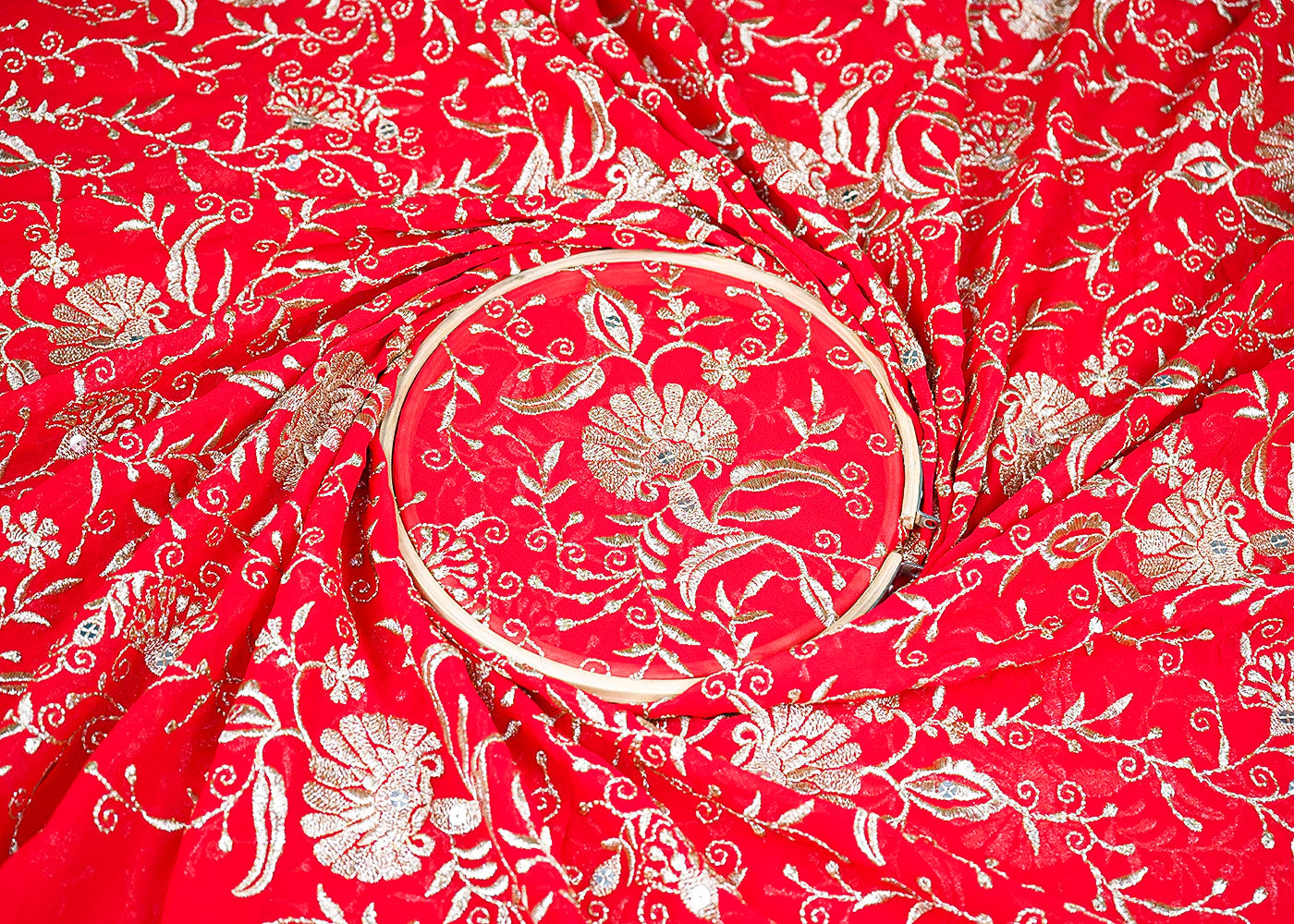 Red Georgette Fabric With All Over Zari And Sequins Work 19193