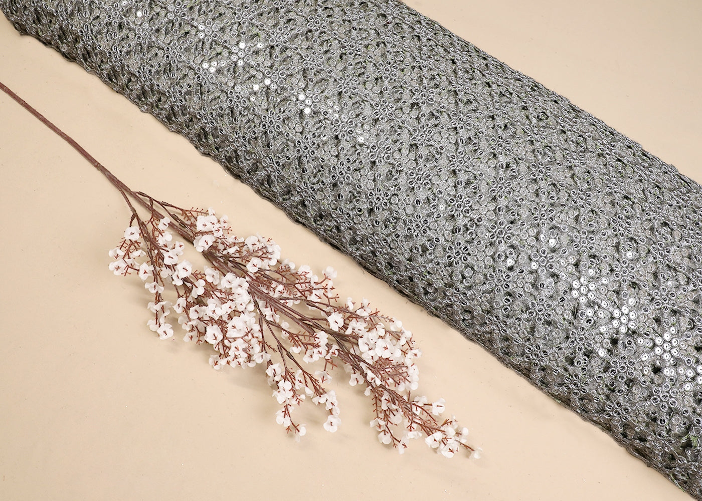 Silver Imported Laser Cutwork Net Fabric With All Over Silver Zari And Faux Mirror Work 19194