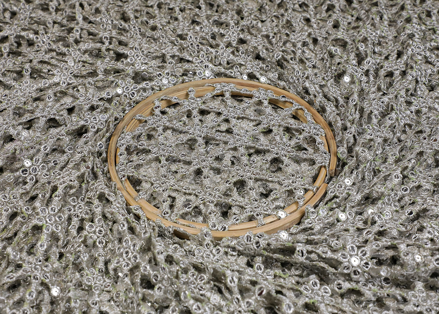 Silver Imported Laser Cutwork Net Fabric With All Over Silver Zari And Faux Mirror Work 19194
