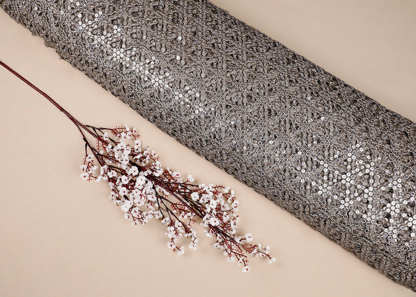 Golden Imported Laser Cutwork Net Fabric With All Over Golden Zari and Faux Mirror Work 19195