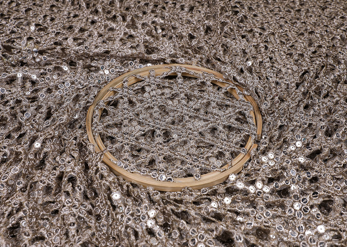 Golden Imported Laser Cutwork Net Fabric With All Over Golden Zari and Faux Mirror Work 19195