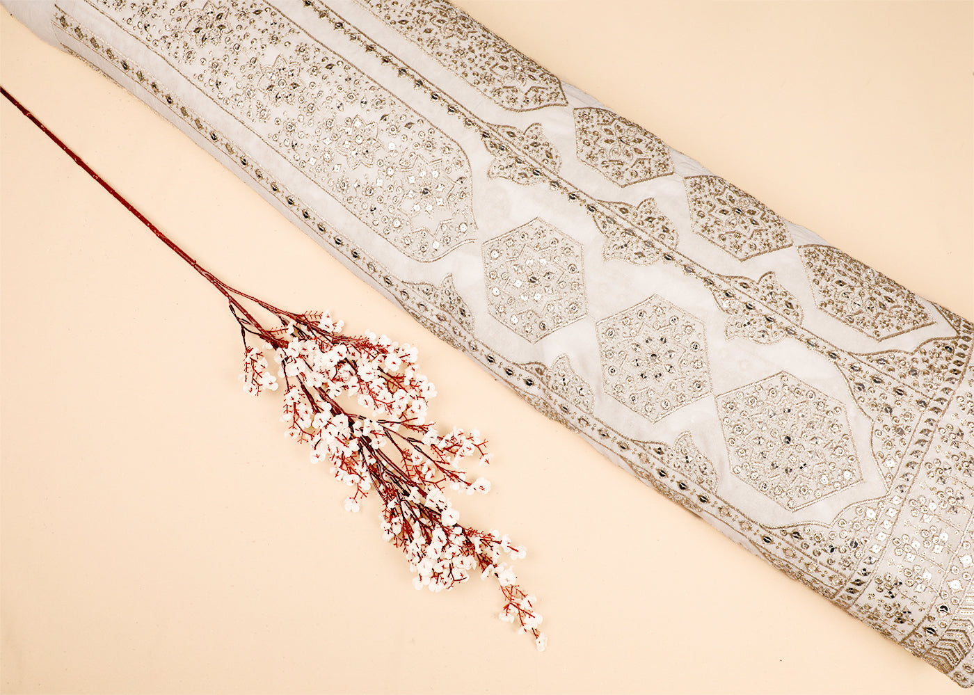 White Georgette Fabric With All Over Zari And Sequins Work With One Side Border 19196