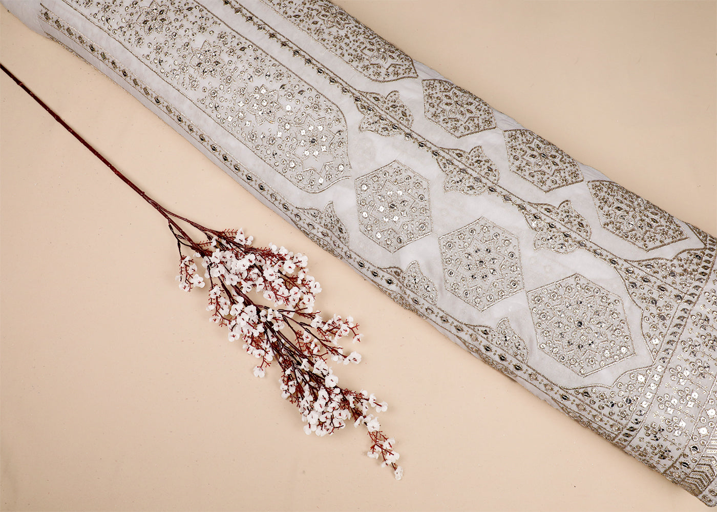 White Georgette Fabric With All Over Zari And Sequins Work With One Side Border 19196