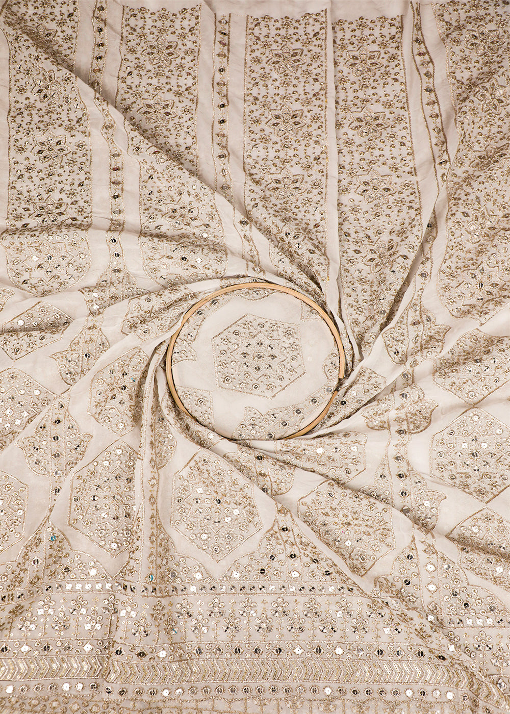 White Georgette Fabric With All Over Zari And Sequins Work With One Side Border 19196