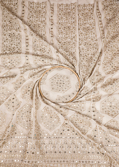 White Dyeable Georgette Fabric With All Over Zari And Sequins Work With One Side Border 19196