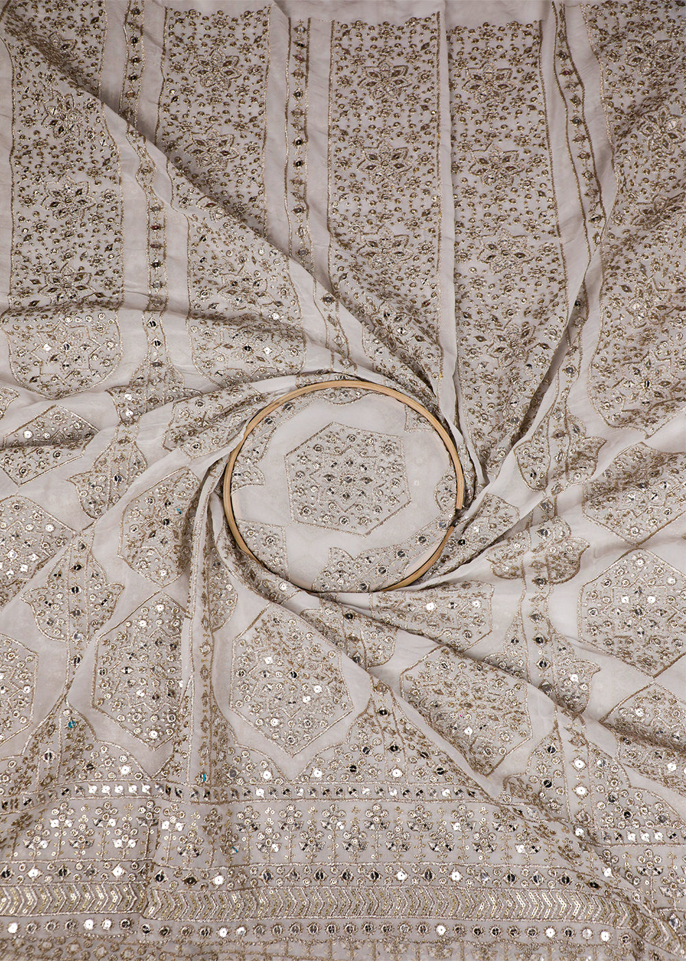 White Georgette Fabric With All Over Zari And Sequins Work With One Side Border 19196