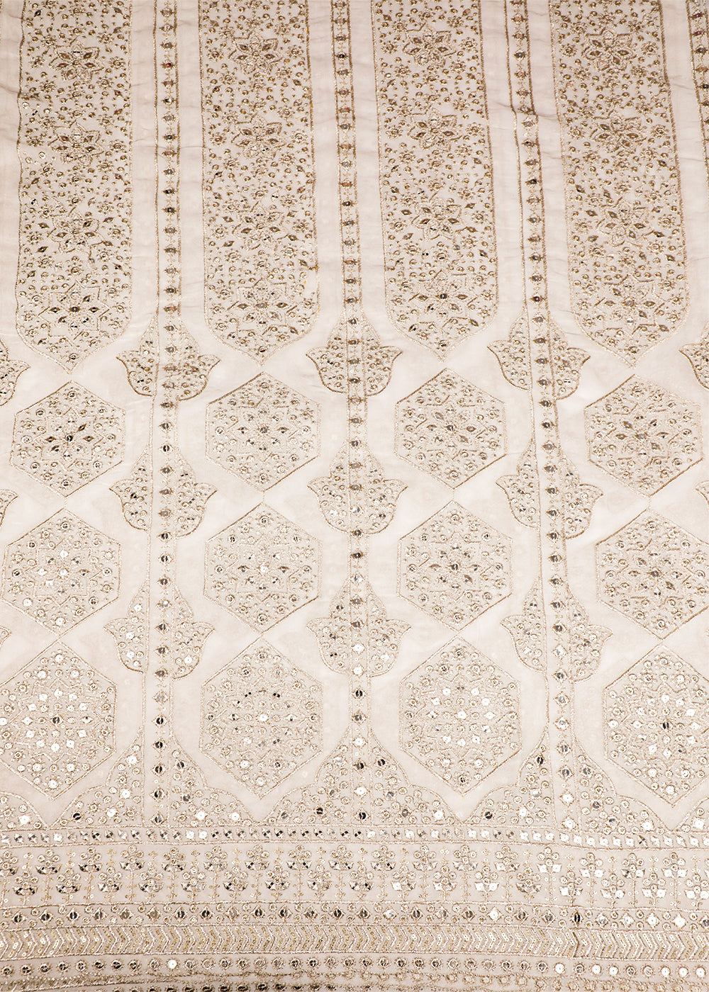 White Georgette Fabric With All Over Zari And Sequins Work With One Side Border 19196