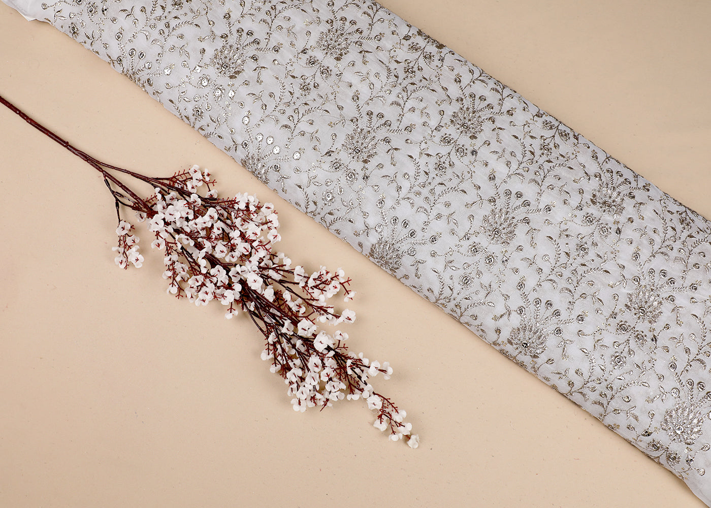 White Georgette Fabric With All Over Zari And Sequins Work 19197