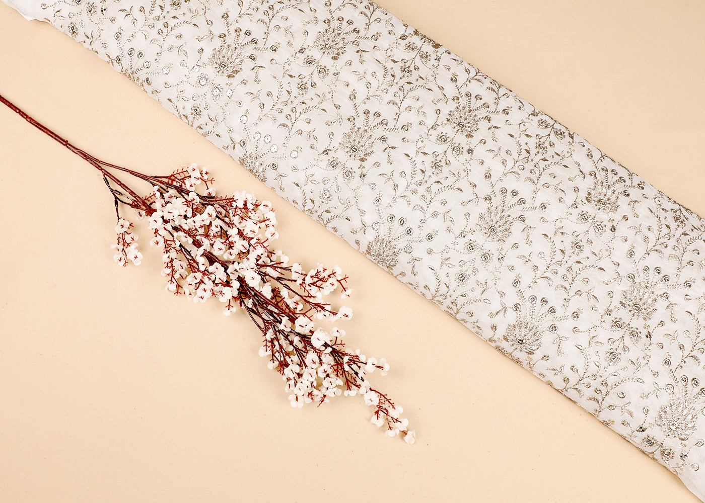 White Georgette Fabric With All Over Zari And Sequins Work 19197