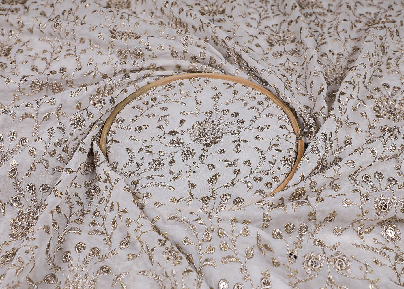 White Georgette Fabric With All Over Zari And Sequins Work 19197