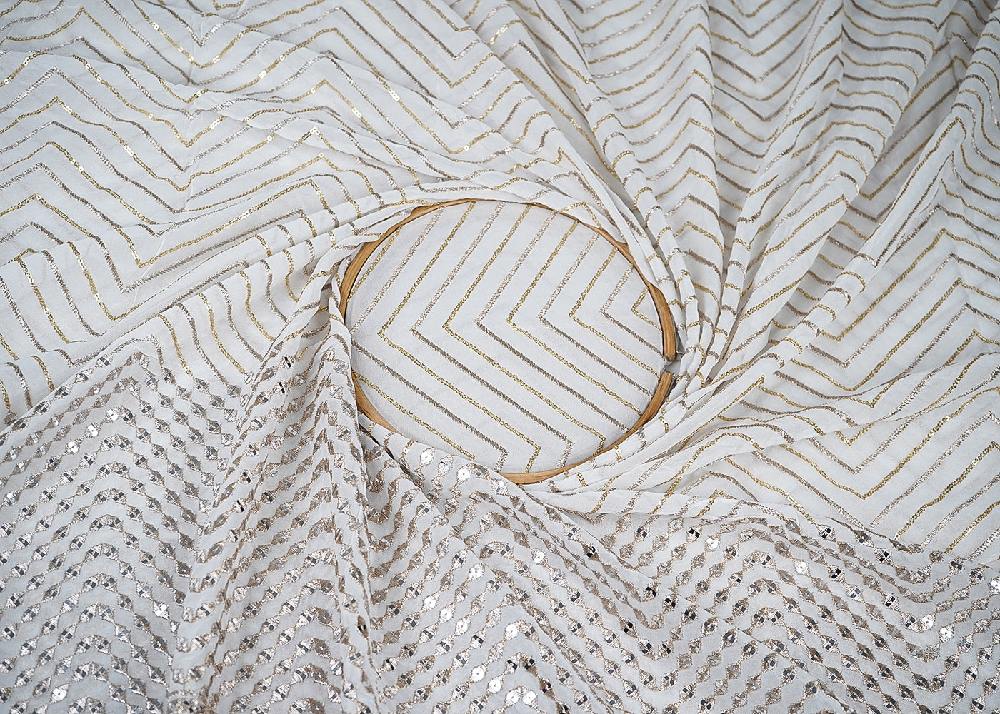 White Georgette Fabric With All Over Zari And Sequins Work With One Side Border 19198
