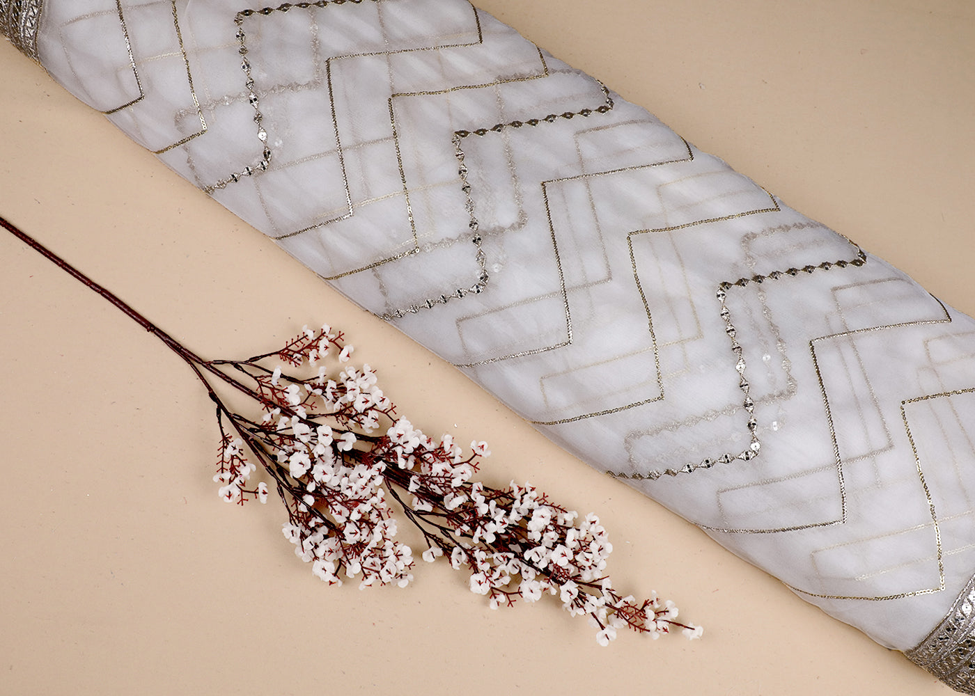 White Georgette Fabric With All Over Zari And Sequins Work With Two Side Border 19199