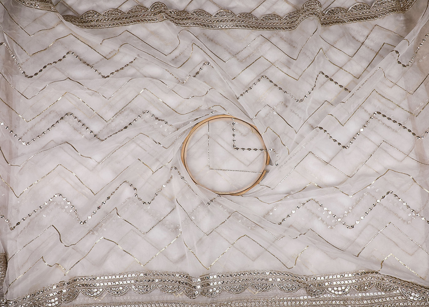 White Georgette Fabric With All Over Zari And Sequins Work With Two Side Border 19199