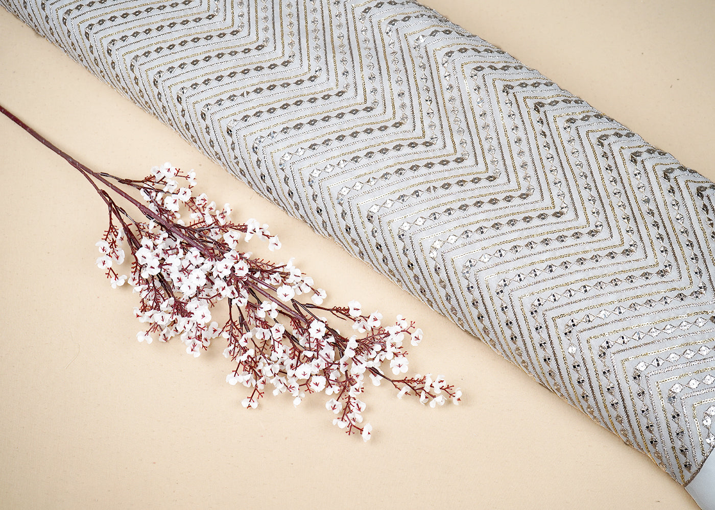 White Georgette Fabric With All Over Zari And Sequins Work With One Side Border 19200